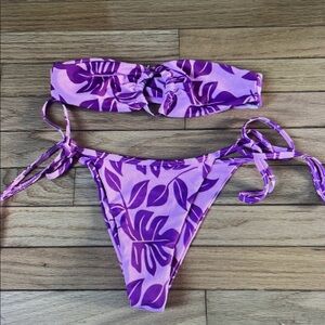 Purple Leaf Print Bikini Set